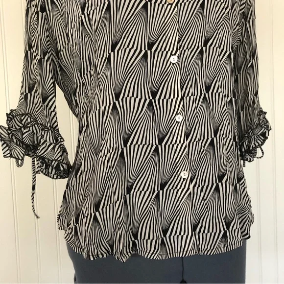 Vintage 90s 2000s Y2K Psychedelic Swirl Black and White Op Art Sexy Sheer Blouse - Picture 6 of 12